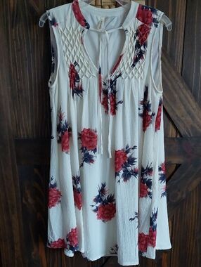 Women’s Cream Sleeveless Lined Dress By Mittoshop with Red Rose Print